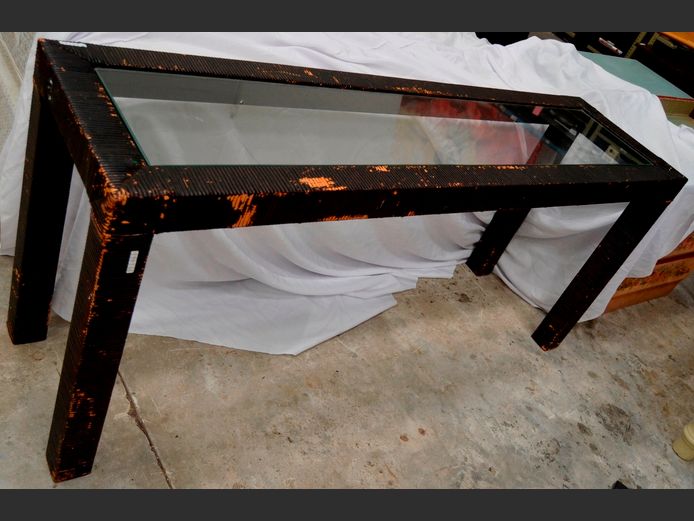 WICKER HALL TABLE WITH GLASS TOP, 165 x 45 x 73cm [Needs re-painting/staining]