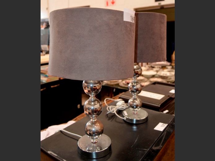 PAIR CHROME BEDSIDE LAMPS WITH GREY SHADES, 50cm High