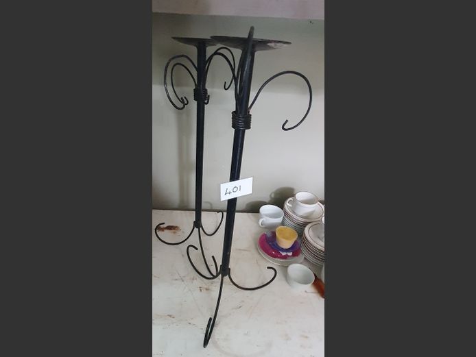 PAIR BLACK WROUGHT IRON CANDLE STANDS, 60cm High