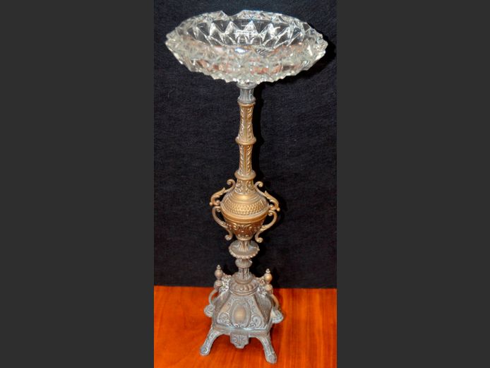 BRASS & CRYSTAL STANDING ASHTRAY, 51cm High