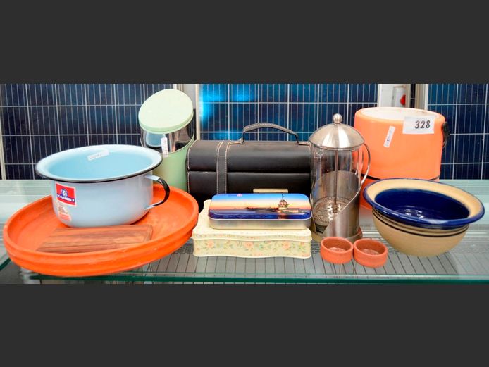 LEATHER TOUCH WINE BOTTLE HOLDER, ICE BUCKET, ENAMEL CHAMBER POT, FRENCH PRESS, etc