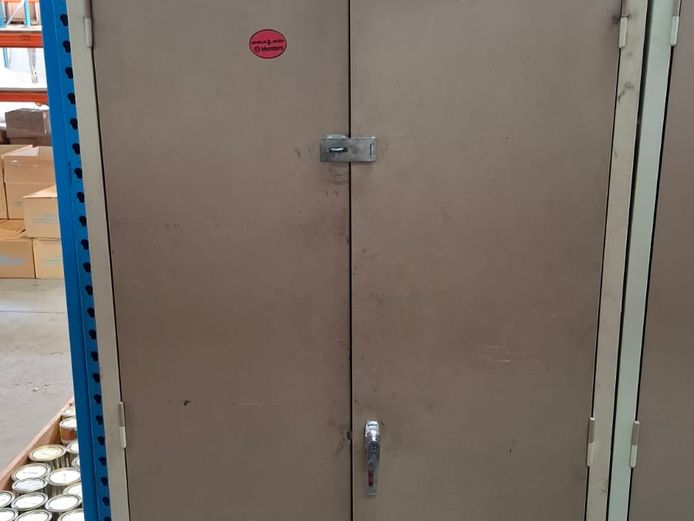 2 Door steel cabinet with contents - cables, coils, connectors etc.