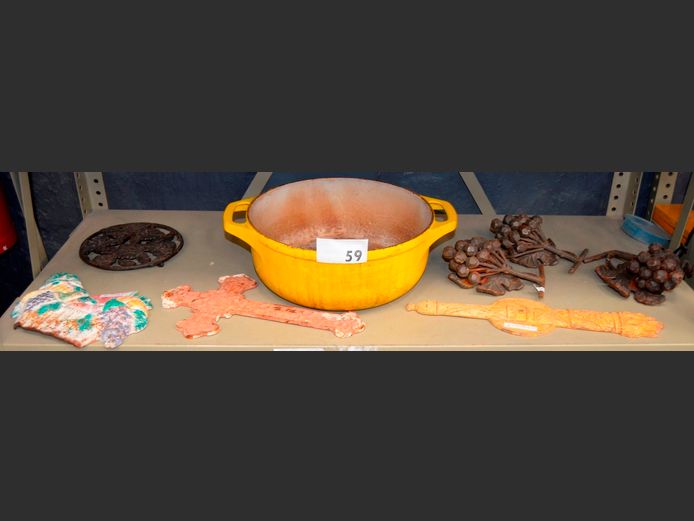 YELLOW CAST IRON POT, CAST IRON CRUCIFIX, DECORATIONS, etc