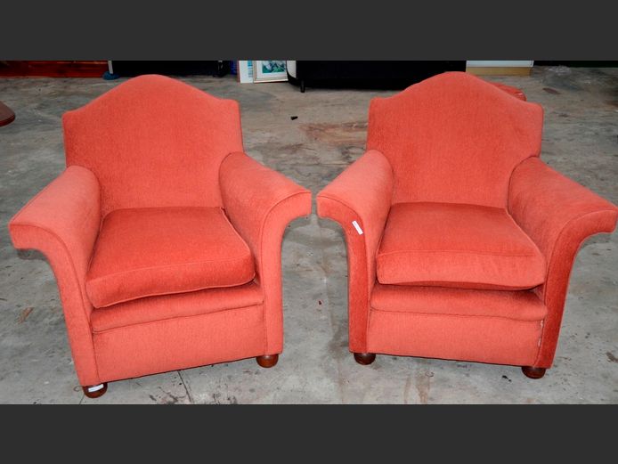 PAIR PARKER KNOLL SANDERSON LINEN DARK PINK UPHOLSTERED ARMCHAIRS
