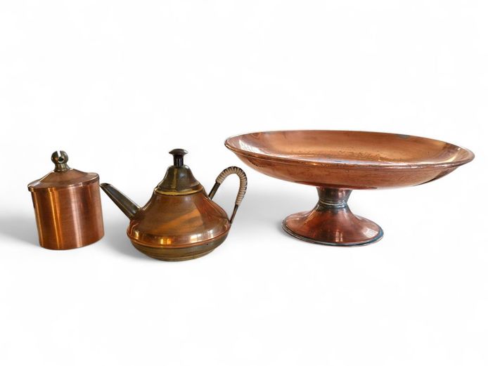 Copper Plated Pedestal Bowl, Sugar Bowl & Teapot