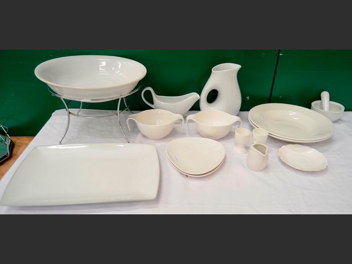 WHITE CERAMIC BOWL ON STAND, MORTAR & PESTLE, SAUCE BOWLS, etc