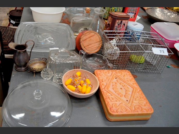 GLASS TAZZA STAND, STAINLESS STEEL SAUCE CADDIES, COLLECTABLE TINS, etc