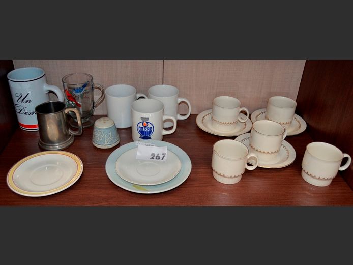 PEWTER BEER MUG, CUPS, SAUCERS, etc