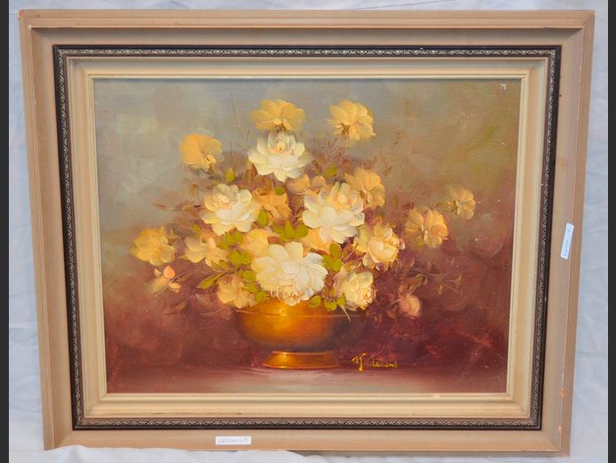 FRAMED OIL ON BOARD "STILL LIFE" SIGNED T.J STEVENS, 52 x 41cm