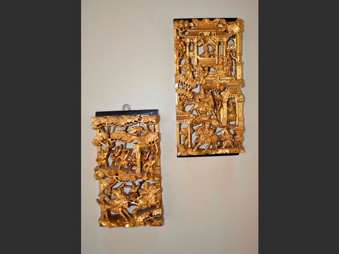 PAIR HEAVILY CARVED & GILDED TEMPLE PANELS, 33 x 17cm