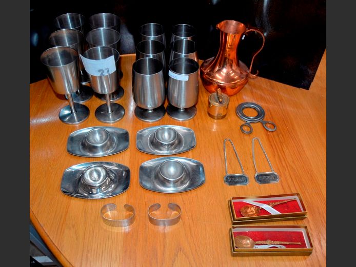 SET OF 6 STAINLESS STEEL GOBLETS, SET OF 6 STAINLESS STEEL MUGS, NAPKIN RINGS, BRASS MINI PITCHER, etc