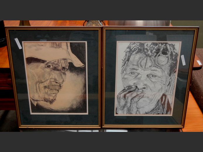 PAIR FRAMED PRINTS "BUSHMAN PORTRAITS" SIGNED JUSTIN INGRAM, 33 x 24.5cm & 32 x 24cm