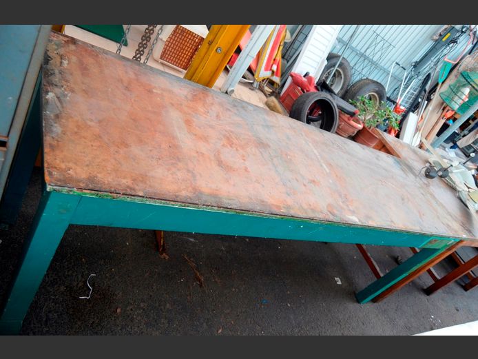 GREEN PAINTED WORK TABLE, 244 x 71 x 91cm