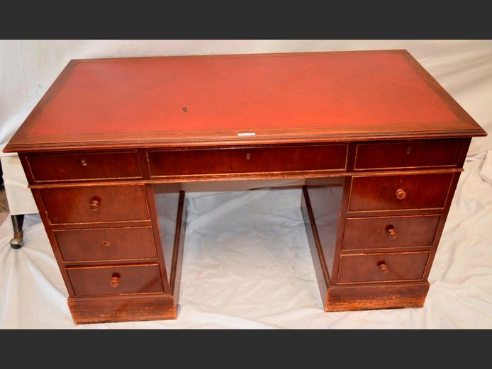 MAHOGANY 9-DRAWER DESK WITH LEATHER INLAY, 130 x 66 x 76cm [Needs some TLC]