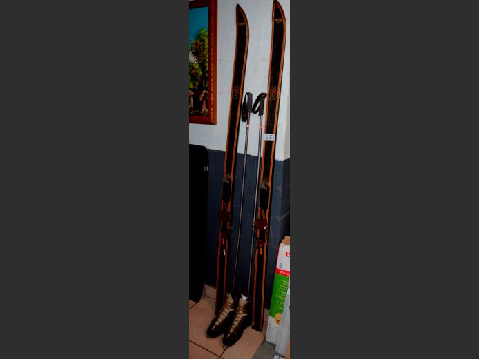 PAIR ANTIQUE SKI BOOTS, SKI's & POLES, 210cm Long