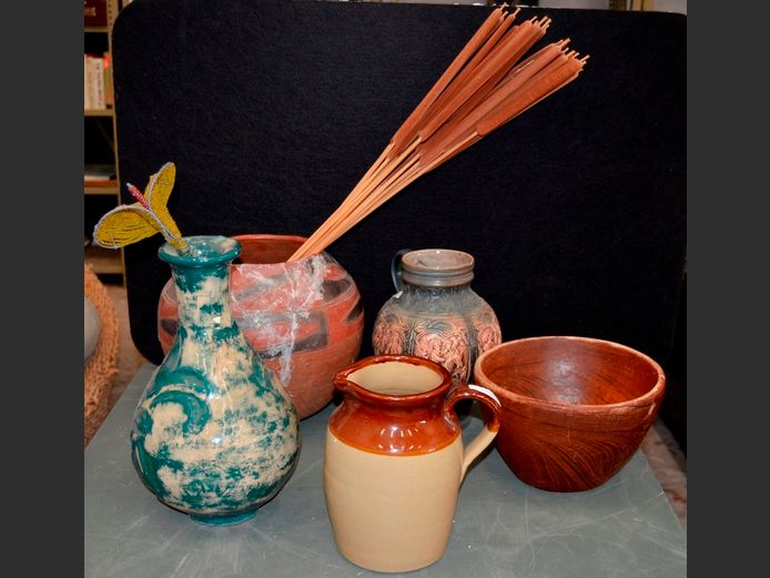 STONEWARE PITCHER, VASE, WOODEN BOWL, etc [Some cracks & repairs]
