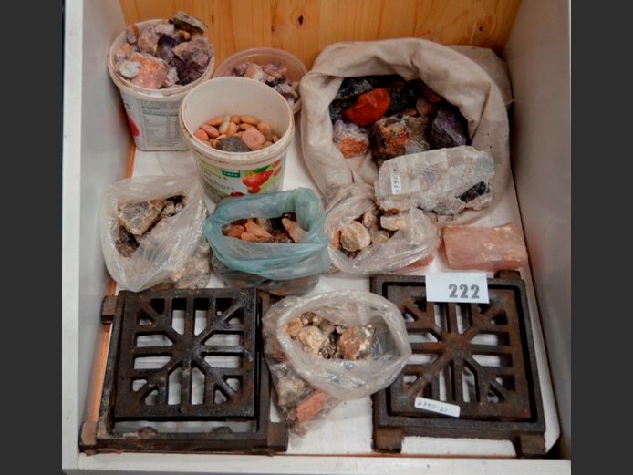 LOT: CAST IRON DRAIN COVERS, QUARTZ STONES, etc