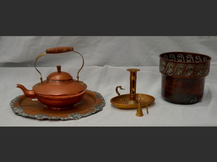 ANTIQUE BRASS ADJUSTABLE CANDLESTICK, CANDLE SNUFFER, COPPER PLANTER & COPPER TEAPOT