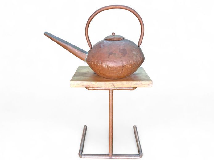 Large Vintage Primitive Copper Kettle on Stand