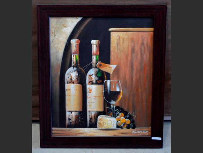 DARKWOOD FRAMED OIL ON CANVAS "WINE TASTING" BY WAKARY SHAY, 58.5 x 48.5cm