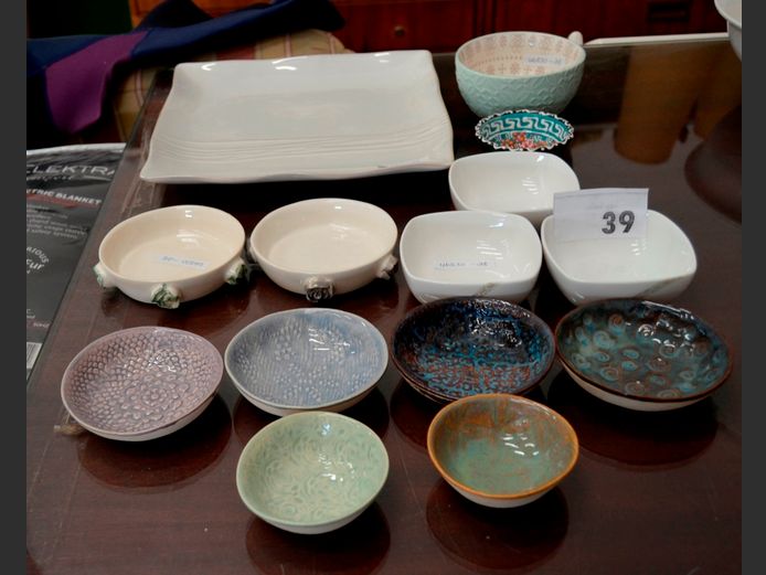 STONEWARE PLATTER, POTTERY DIPPING BOWLS, etc