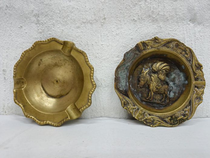 Vintage Solid Heavy Brass Ashtrays - Embossed Figure Motif