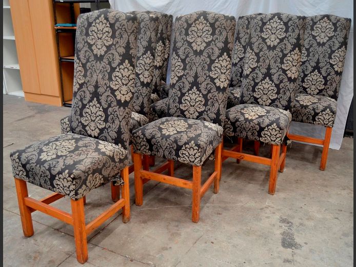 SET OF 10 PINE & UPHOLSTERED HIGH BACK DINING CHAIRS [Cat scratches, upholstery needs a clean]