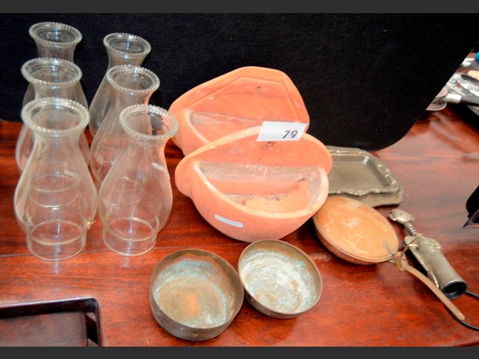 SILVER PLATE SNACK DISHES, BRASS BOWLS, PAIR TERRACOTTA WALL MOUNT PLANTERS, etc [110,112]