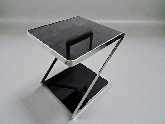 Modern Contemporary Z-Shape Chrome Side Table with Black Tempered Glass