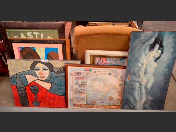UNFRAMED NUDE, OIL ON CANVAS "LADY DRINKING WINE", etc