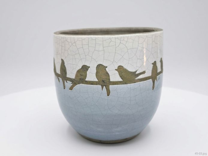 Contemporary Ceramic Planter with Birds on a Wire Motif