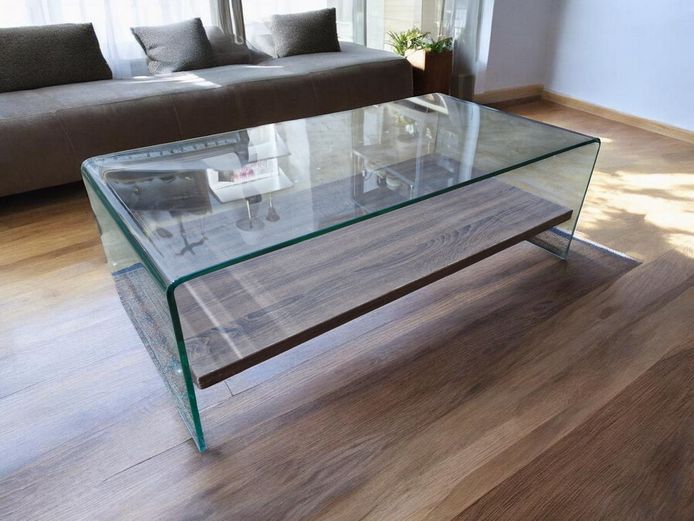 Bent Glass Coffee Table with Wood Finish Shelf
