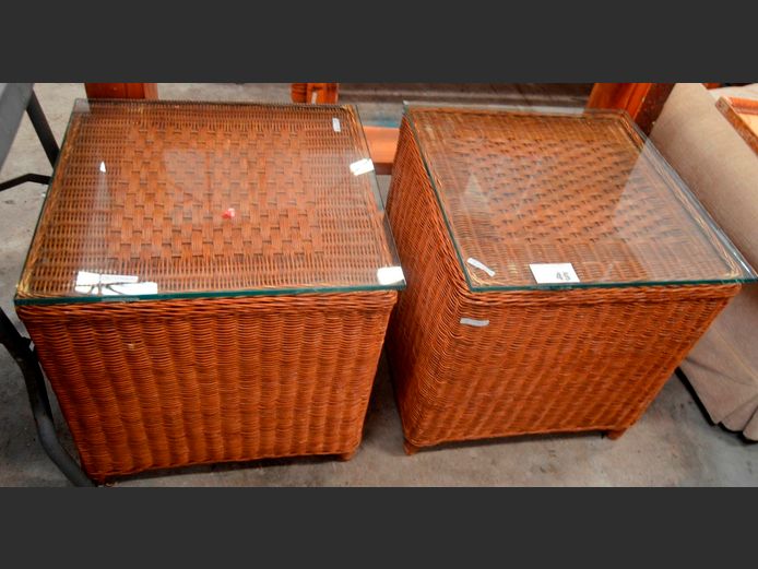 PAIR WICKER SIDE TABLES WITH GLASS TOPS, 50 x 50 x 52cm