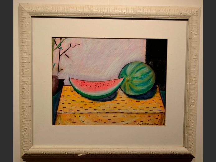 FRAMED MIXED MEDIA STILL LIFE OF WATERMELON BY L.J. VERMEULEN, 47 x 36cm