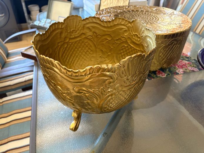 Decorative Embossed Brass Footed Ice Bucket