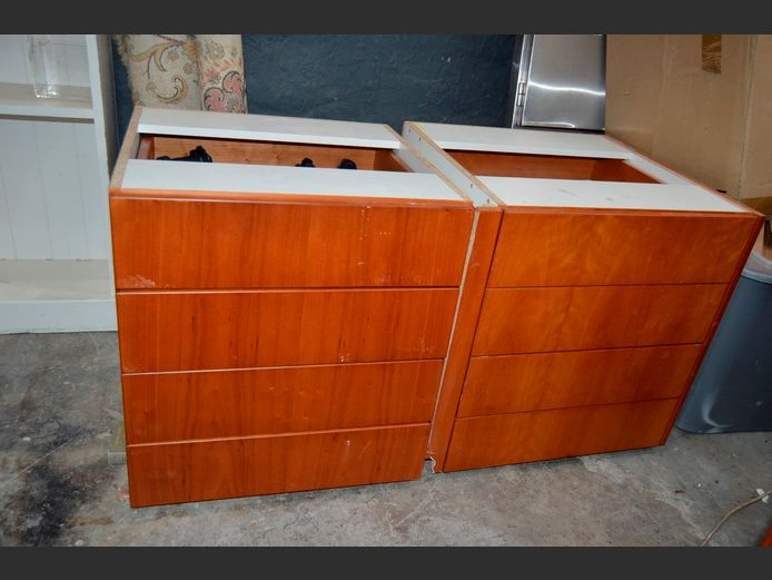 PAIR CHERRYWOOD 4-DRAWER PEDESTALS, 55 x 55 x 58cm [No tops]