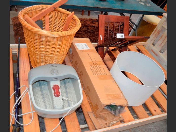 WOVEN BASKET, MAGAZINE STAND, RUSSELL HOBBS FOOTSPA, etc [Switches on, untested further]