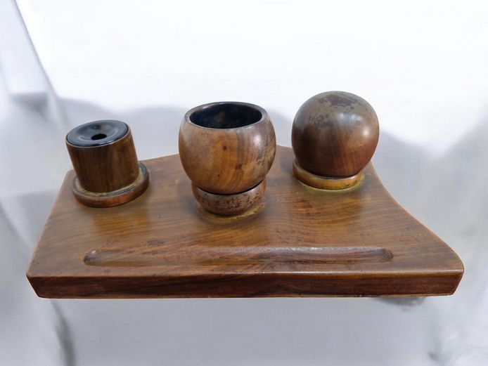 Antique Wooden Desk Inkwell Set