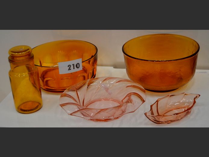 PINK GLASS BOWL & SNACK DISH, AMBER GLASS BOWLS, etc