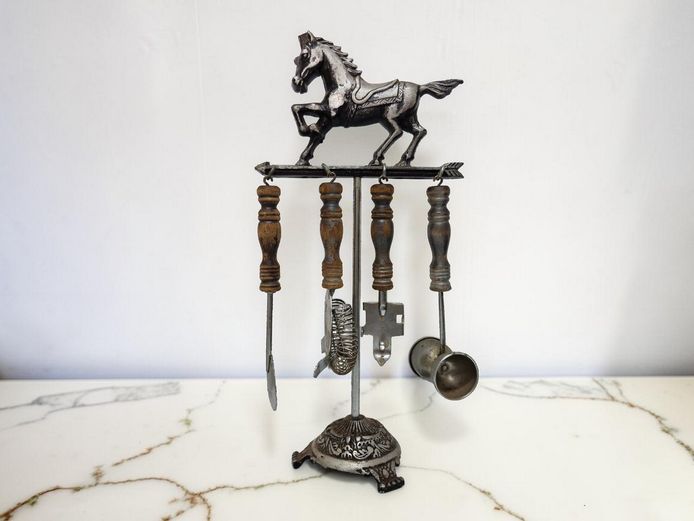 Vintage Equestrian Bar Tool Set with Weather Vane Stand