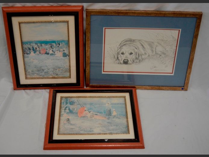 FRAMED WATERCOLOURS "BEACH SCENES" & A SKETCH OF A LABRADOR