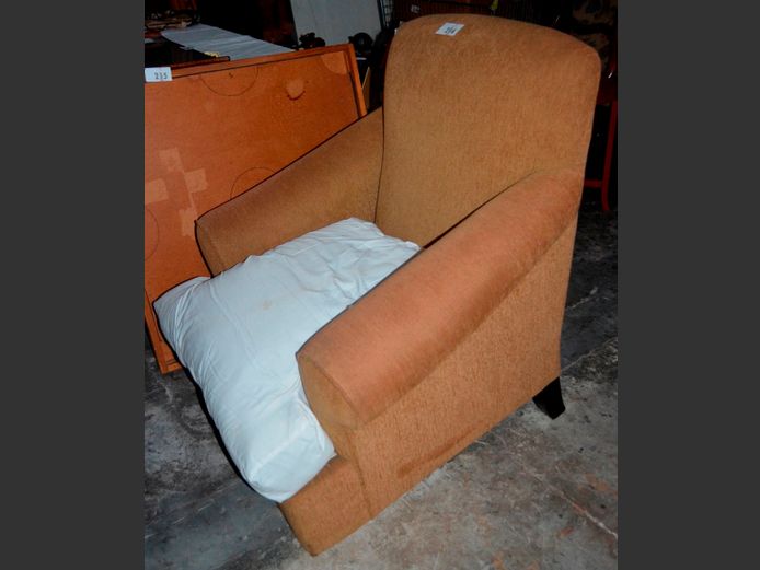 BROWN UPHOLSTERED ARMCHAIR [2 Legs needed & cushion cover needed]