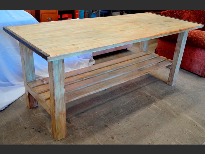 PAINT TECHNIQUE WORK TABLE/KITCHEN ISLAND WITH BOTTOM SHELF, 206 x 86 x 82cm