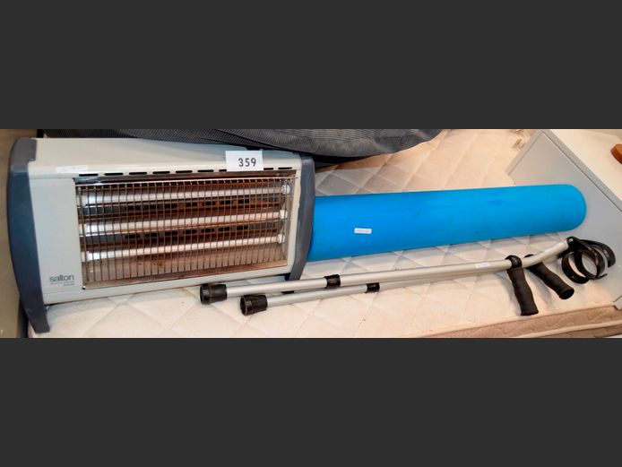 YOGA MAT, PAIR CRUTCHES, SALTON HEATER [Switches on, untested further], etc [37,38]