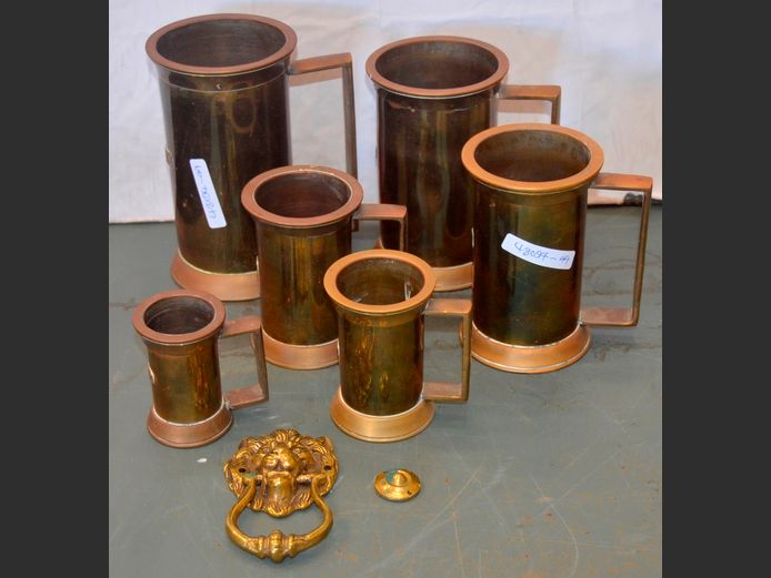 COLLECTION: "ARTILLERY SHELL" BEER MUGS & A BRASS DOOR KNOCKER