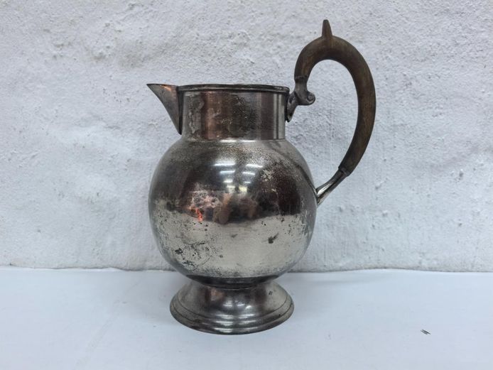 Vintage Silver-Plated Pitcher Jug with Carved Wooden Handle