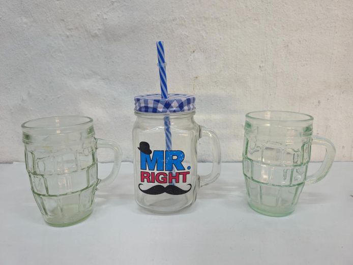 Set of 3 Glass Mugs Including "Mr. Right" Jar with Straw