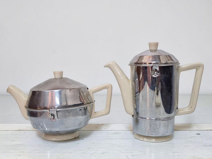 Vintage Mid-Century Chrome and Cream Ceramic Tea & Coffee Set