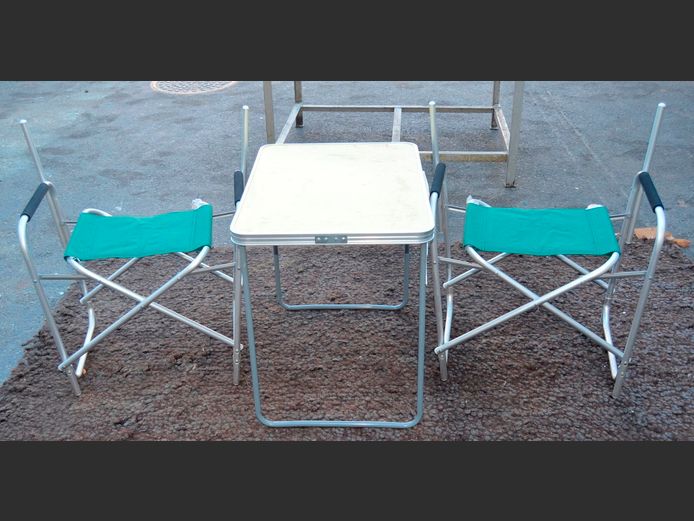LOT: 2 x CAMPING CHAIRS [back rests needed] & A CAMPING TABLE
