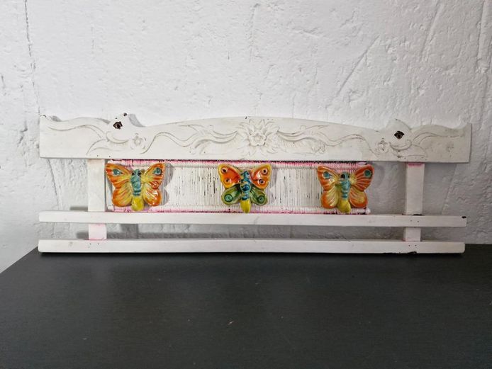 Rustic Carved Wood & Woven Cord Coat Rack - Glazed Ceramic Butterflies